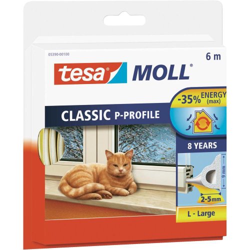 tesamoll P-Profil Gummidichtung - Selbstklebende Dichtung zum Isolieren von Spalten an Fenstern und Türen - Weiß - 6 m x 9 mm x 5,5 mm tesamoll P-Profil Gummidichtung - Selbstklebende Dichtung zum Isolieren von Spalten an Fenstern und Türen - Weiß - 6 m x 9 mm x 5,5 mm