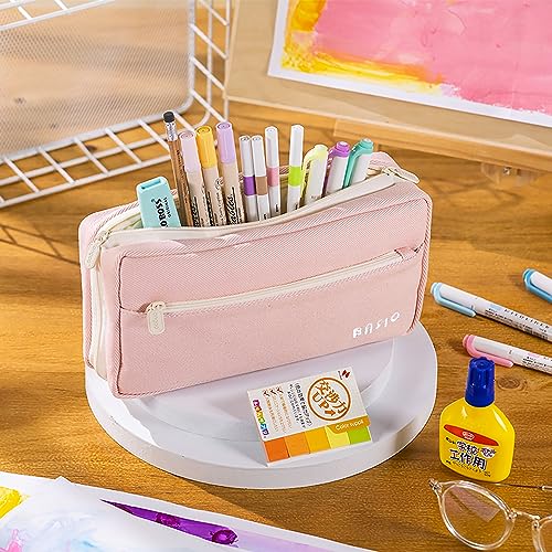 Image of Large Pencil Case with 4 Compartments, Big Capacity Pencil Bag Canvas Pencil Pouch with Zipper, Pencil Pouch Aesthetic, Pencil Pen Case Bag for Office College School Teen Boys Girls Students (Pink)