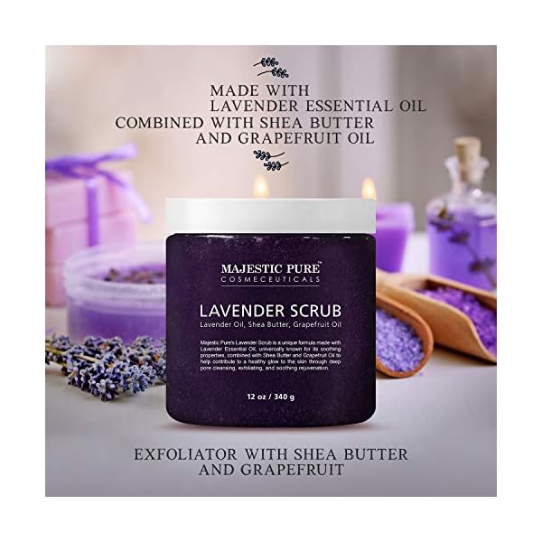 Lavender Oil Body Scrub Exfoliator with Shea Butter and Grapefruit Oil by Majestic Pure - Exfoliate & Moisturize Skin, Fights Acne - 10 oz
