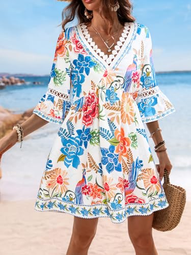 Image of CUPSHE Women V Neck Lace Trim Mini Summer Dress Cover Up 3 /4 Sleeve Ruffled Cuff Casual Sundress Beach Dresses Cover Ups