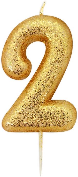 Anniversary House Metallic Gold Glitter Candle, Number 2, 2nd Birthday Cake Topper, 7 Centimeters, AHC90/2
