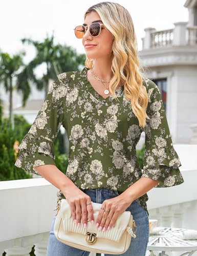 Image of TFSDOD Womens V Neck 3 /4 Bell Sleeve Tops Frill Neck Tiered Ruffle Sleeve Shirts Casual Spring Summer Loose Tunic Blouses