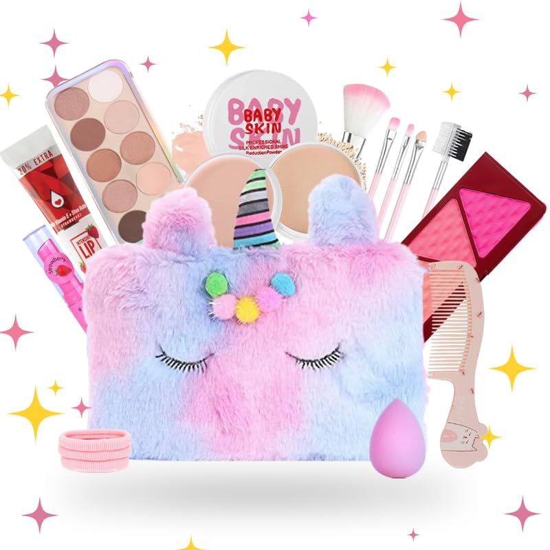 Linivya Kids Real Makeup Kit for Girls & Teens | 18-Piece Washable Set with Unicorn Fur Multicolor Bag | Safe & Non-Toxic Birthday Gift for Ages 6-16