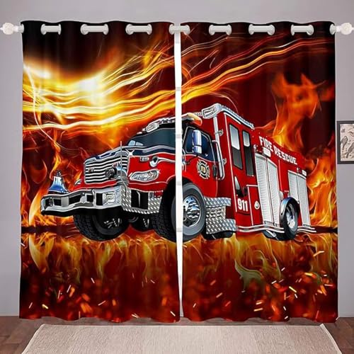 ZZTBQ Camion De Pompiers Rouge 2 Pièces Rideau Occultants pour Chambre d'enfant Camion De Pompier 3D Voitures Rideau Occultant Opaque à Oeillets 140x160cm...