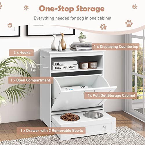Happaws Dog Feeding Station Dog Food Storage Cabinet With 2 Raised Dog Bowls, Dog Food Storage Container, Pull Out Elevated Dog Bowls For Water And Feeding Supplies, Pet Toy Storage Organizer,White #TOP2
