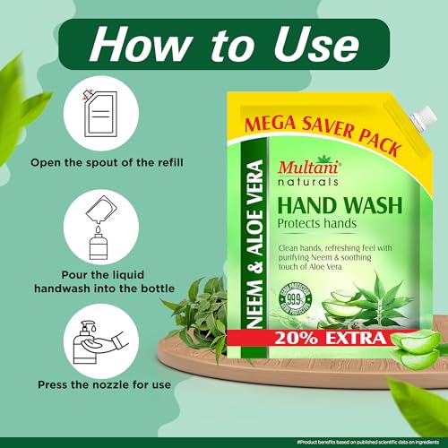 Image of Multani Natural Neem & Aloe Vera Hand Wash Refill + Pump (1200 + 500 ml) | Gentle Hand Cleanser With Natural Ingredients | Moisturizing Hand Wash | 99.9% Germ Protection Liquid Hand Wash