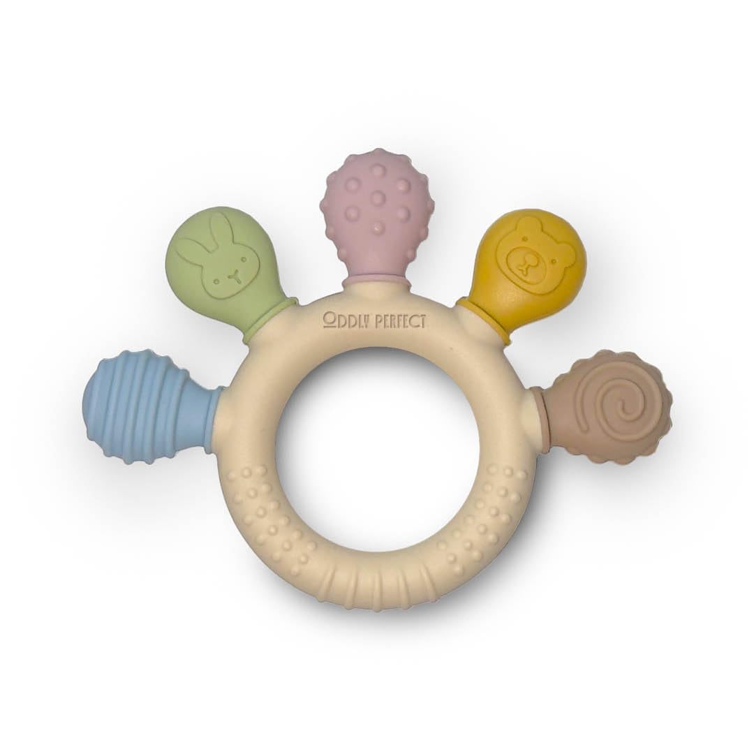Baby Teething Ring with 5 Textured Prongs - BPA Free Silicone Teether Toy, Brown/tan and coloured tips