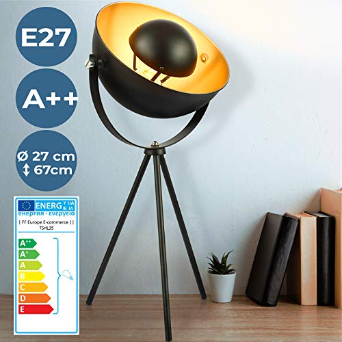 Lampe de Table Trépied - avec Abat-Jour Métallique Noir et Doré, Orientable, E27 max. 60 W, Classe Énergétique de A++ à E, LED, Style Industriel Vintage - Lampe de Chevet, à Poser