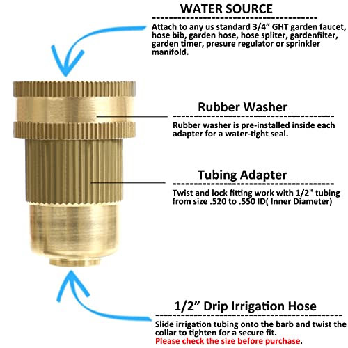 Styddi 3 Pack Solid Brass 1/2 Inch Drip Irrigation Tubing To Garden Faucet Adapters, Brass 3/4" Fht To 1/2” Irrigation Hose Connector Adaptor, Convert Female Garden Hose Thread To 1/2" Drip Tubing #TOP1