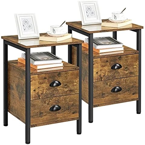 Yaheetech Nachttisch 2er Set, Beistelltisch mit Schubladen, Nachtschrank mit Ablage, Nachtkommode, Metallgestell stabiles, Leicht montierbar Cover