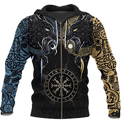 YABEME Viking Clothes Set 3D Print Vegvisir and Wolf Tattoo Graphic Men Casual Sport Streetwear,Zip hoodie,3XL