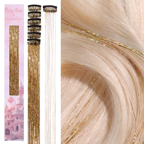 WENNALIFE Hair Tinsel Clip In for Girls Champagne, 6pcs 24 inch Hair Tinsel Clips Tinsel Hair Extensions Clip in Colorful Glitter Tinsel Hair Clips Sparkle Fairy Hair Accessories for Kids