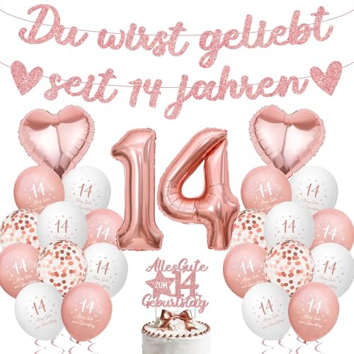 Tasoraor Deko 14. Geburtstag Mädchen Rosegold - 14 Geburtstagsdeko Luftballons Girlande und Tortendeko Banner und XXL Zahlenballon für 14 Jahre Kindergeburtstag Dekoration