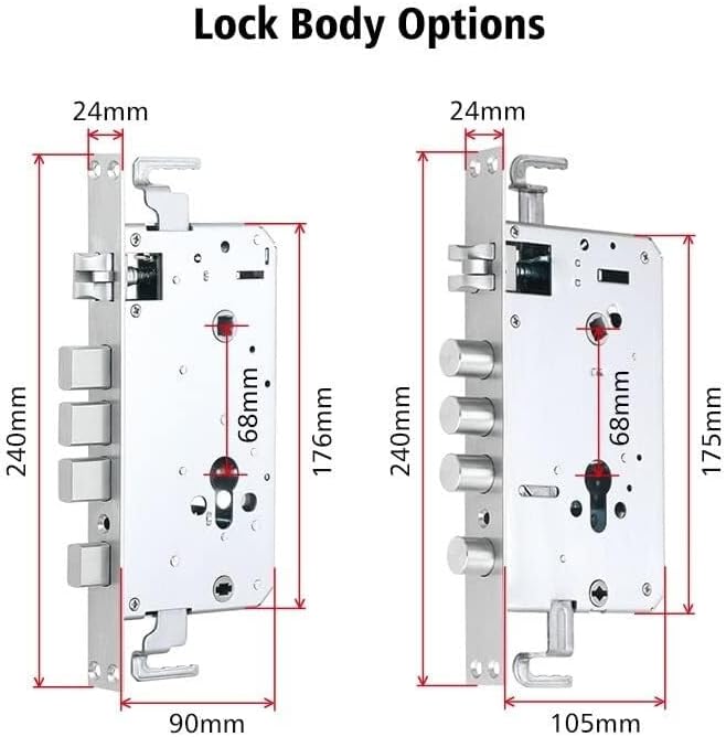 Diagram showing two lock body options with measurements. Both options have a 24mm width. The first option has a main body height of 176mm, a width of 90mm, and a bolt extension of 68mm. The second option has a main body height of 175mm, a width of 105mm, and a bolt extension of 68mm.