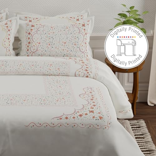 Image of BOUTIQUE LIVING Platinum Pulse 100% Cotton 800 TC White & Red Digital Meenakari Print King Bedsheet with 4 Pillow Covers