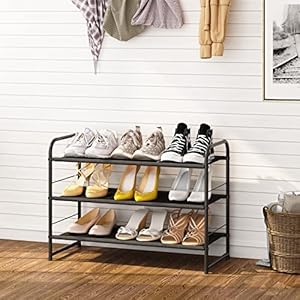 Simple trending 3 tier stackable shoe rack expandable adjustable fabric shoe shelf storage organizer black  urban country home decor