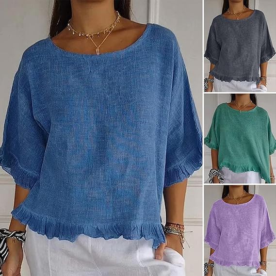 2PCS Round Neck Ruffled Hem Mid-Sleeve Cotton and Linen Top, Casual Short Sleeve Blouses Linen Tops for Women (S,07)