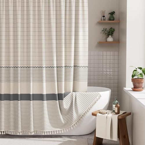 Rideau de douche textile rideau baignoire polyester franges rayées 183x183 - 7