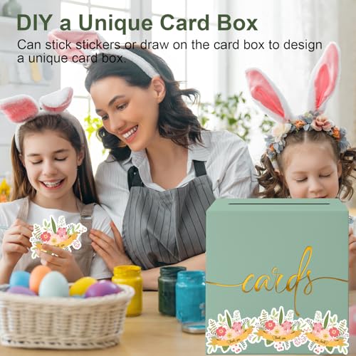 Image of Sage Green Card Box with Gold Foil Design, Paperboard 8.7 inch Card Box for Birthday Wedding Party Graduation Retirement Anniversary Valentine's Day & Baby Showers, Raffle or Money Box