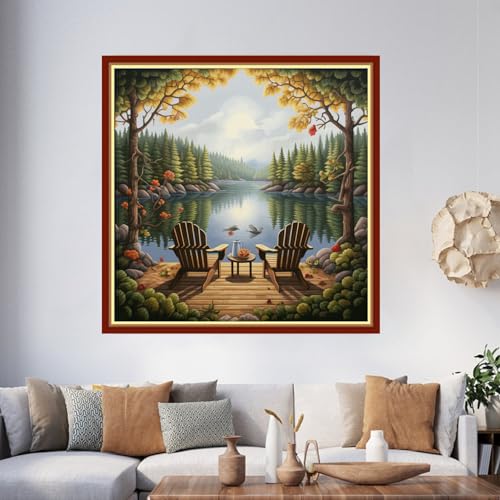 Image of Foxhool Beginners Cross Stitch Kits Stamped Full Range of Embroidery Kits for Adults DIY Cross Stitches kit Embroidery Patterns for Needlepoint kit-Rest Scenery 17.7x17.7 inch