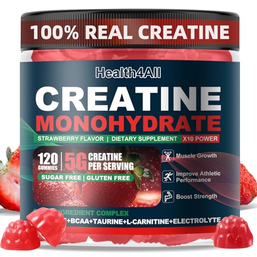 Health4All Creatine Monohydrate Gummies 5G for Men & Women, Preworkout Supplement for Energy & Muscle Growth Support with Electrolyte, BCAA, L-Carnitine & Taurine- Strawberry 120 Gummy