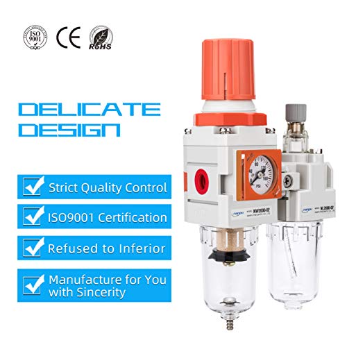 Nanpu 1/4" Npt Embedded Gauge Compressed Air Filter, Regulator＆Lubricator Combo Water/Oil Trap Separator - 0-180 Psi Gauge, Semi-Auto Drain, Poly Bowl, Metal Bracket - 3 In 1 Two Unit #TOP5