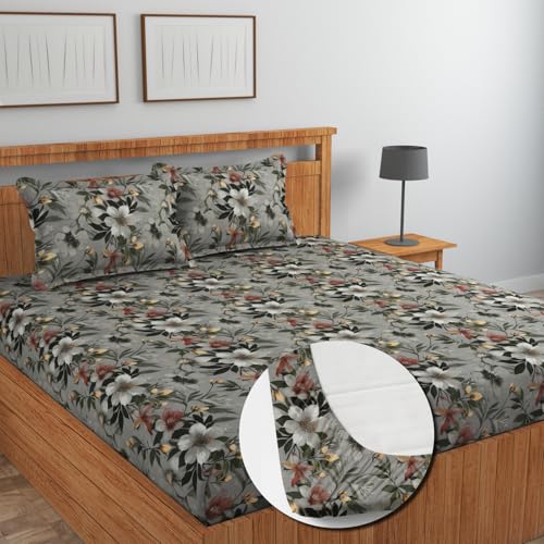 Image of NEW LEAF Cotton Fitted King Bedsheets with 2 Pillow Covers | Elastic Fitted | Wrinklefree | Ultrasoft |Winter Bedsheet 200 to 220 tc Floral | 78x72+8 Inches, Floral Black Grey