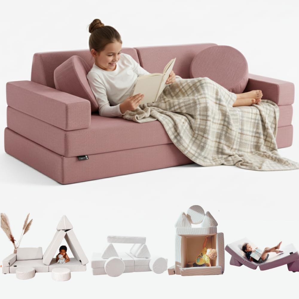 TIPICHOU Sofá Infantil Modular para niños - Sofa Cama 2 plazas Plegable Convertible – Transformable en Cama supletoria, Zona de Juego, sillón, colchón de Suelo niños (Rosa)