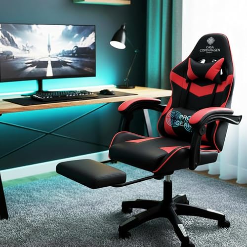 Image of Casa Copenhagen Designed in Denmark,High-Back Italian Leather Gaming Ergonomic Chair with Advanced Mechanism & Electric Back Massager, Memory Foam Seating & Multi Function Arm-Rest - Red & Black