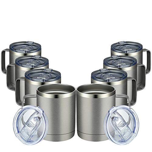 MEWAY Taza de café de 12 onzas con asa, paquete de 8 vasos de viaje aislados de acero inoxidable con tapa deslizante, taza de camping al vacío de doble pared para bebidas calientes y frías té (gris