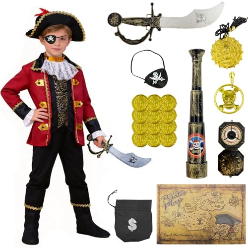 4-Tellges Set Piratenkostum Kinder, 27 pcs Piraten-Zubehor, Piraten Kostüm Kinder Beinhaltet Hemden, Hosen, verschiedene Accessoires für Piratenkapitäne, Karneval Kostom Piraten-Herren (S Code)