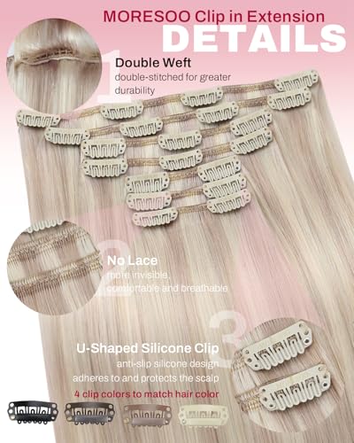 Image of Moresoo Clip in Hair Extensions Blonde Highlighted, 24 Inch Thick Volume | Remy human hair clip in extensions, highlights ash and bleach blonde, 150g 7pcs, double weft for added length