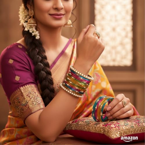 Image of SUNDRAM Women's Premium Fancy Glass Bangles for Women & Girls |with Zircon Gemstone Work & Charm| Traditional Ethnic Bangles Set of 12