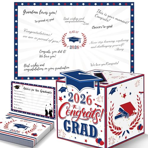 Image of Graduation Decorations Red Blue White 2026 - Giant Guest Book Alternative,Graduation Cards Box with 36PCS Graduation Advice Cards,Signature Board Congrats Grad Decorations Supplies 2026