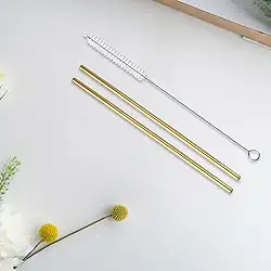 Canudos dourados de aço inoxidável, canudo reutilizável de 17 cm com escova de limpeza, adequado para bebidas, sucos, chá (2 lisos / 1 escova)