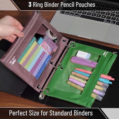 Image of Mr. Pen- Pencil Pouch for 3 Ring Binder, 2 Pack, 10 inchx6.75 inch, Smooth Zipper | Clear Window, Large Capacity Pencil Case with 3 Reinforced Grommets for School, Office, Supplies Storage | Clear Window, Large Capacity Pencil Case with 3 Reinforced Grommets for School, Office, Supplies Storage