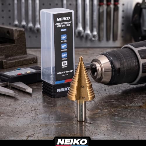 Image of NEIKO 10626A Step Drill Bit, 2 Steps 7 /8 inch to 1-1 /8 inch Straight High Speed Steel, Titanium Nitride Coated, 3 /8 inch Tri-Flat Step Bits for Steel, Metal, Wood, Plastic, Unibit Cone Drill Bits, Two Flute
