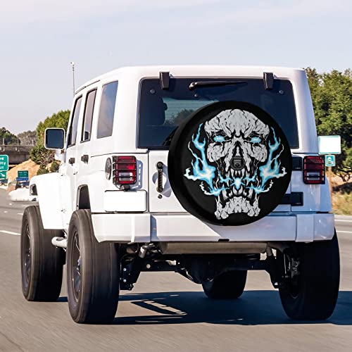 Image of Delerain Spare Tire Cover with Backup Camera Hole Blue Fire Skull Head Wheel Covers Waterproof Dust-Proof UV Sun Universal Fit for RV Trailer RV SUV Truck (18 Inch for Diameter 32 inch-34 inch)