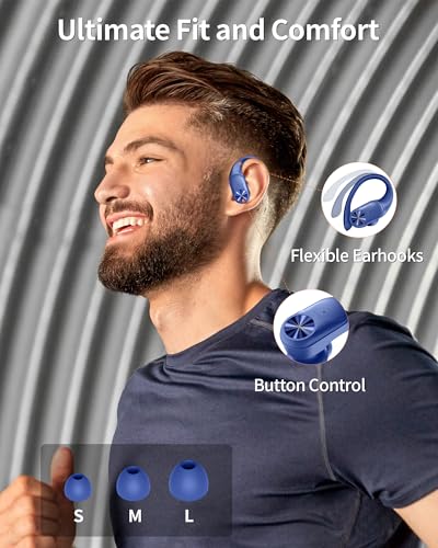 Image of PocBuds Bluetooth Headphones Wireless Earbuds 80hrs Playtime Wireless Charging Case Digital Display Sports Ear Buds with Earhook Deep Bass IPX7 Waterproof Over-Ear Earphones for TV Phone Laptop Navy
