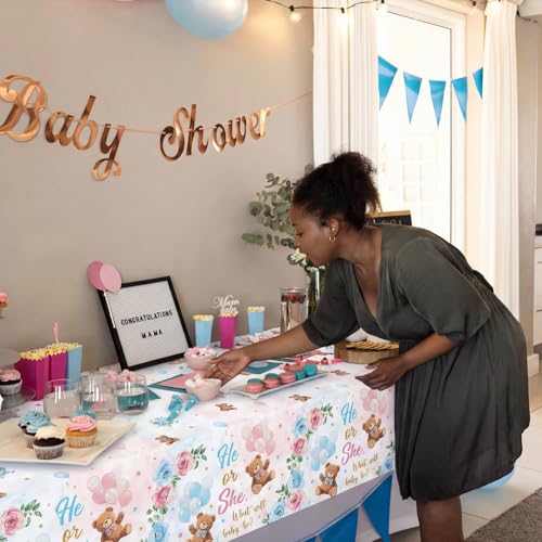 Image of Ganeen 3 Pcs Bear Gender Reveal Tablecloths Disposable Plastic He or She Gender Reveal Bear Decorations Blue Pink Baby Shower Rectangle Table Cover Waterproof for Baby Shower Party, 54 x 108 Inch