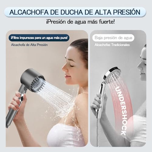 Alcachofa de Ducha de Alta Presión,Incluye manguera de1,5metros y soporte,4 modos, Alcachofa de ducha economizadora con filtro y botón de OFF/ON, Ideal para Aguas Duras y Limpieza del Baño,Grey