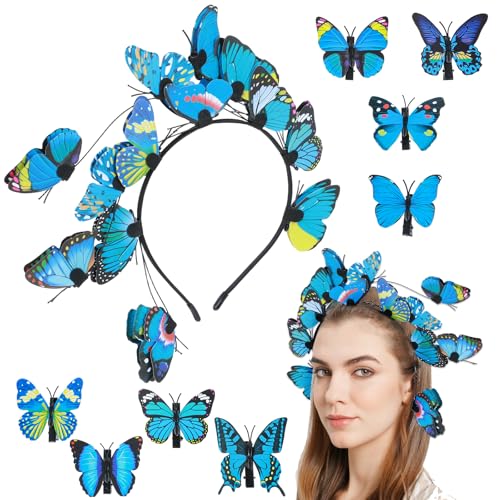 Nogeqi Diadema de mariposa, disfraz de mariposa para el pelo, diadema para niños, con 8 pegatinas de mariposa, para carnaval, fiestas, para mujer, color azul