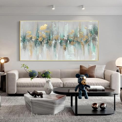 JACBON Pintura abstracta horizontal texturizada dorada verde azulado sobre lienzo, para sala de estar, dormitorio, tamaño grande, decoración moderna del hogar, 60 x 120 cm, sin marco