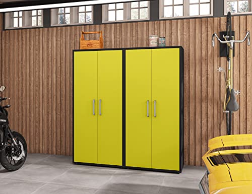 Image of Manhattan Comfort Eiffel 73.43 inch Garage Cabinet with 4 Adjustable Shelves, Ideal Home Storage for Office, Laundry or Utility Room, Set of 2, Yellow