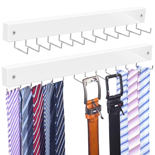 【2 in 1】 2 Pack Tie Organizer Belt Organizer Wall Mounted, Space Saving Tie Rack Belt Hanger for Closet with 24 Storage Hooks, Belt Tie Holder for Closet Organizer Storage White
