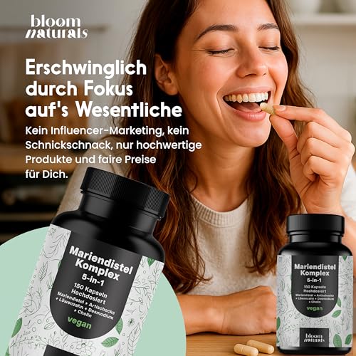 Mariendistel Artischocke Löwenzahn Komplex Hochdosiert - 150 Kapseln - 5-in-1 Komplex mit Mariendistel + Artischocke + Löwenzahn + Desmodium + Cholin - Vegan Laborgeprüft - Verpackung kann variieren