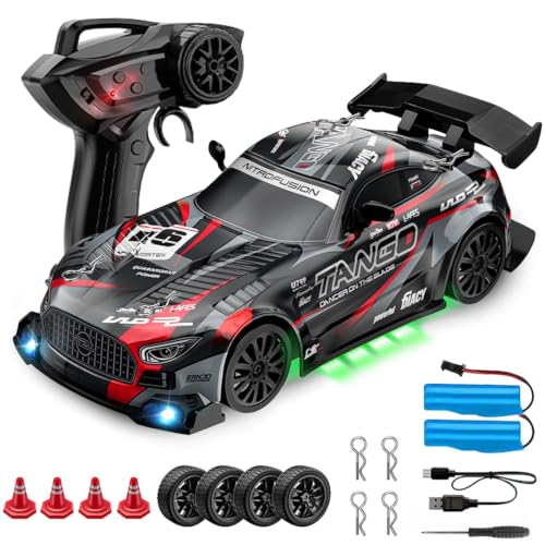 Image of RC Drift Car,1:24 4WD High Speed Electric Remote Control Car with LED Lights,Drifting Tires,2 Batteries,Dual Mode Tires,Hobby Racing Toy Car for Adults & Kids