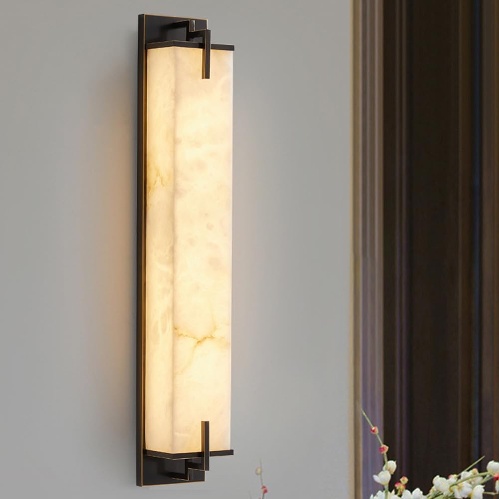 HPTHLY Marble Wall Sconce Natural Alabaster Sconce Bedroom White Stone Wall Mount Lamp Brass Wall Sconce Lighting For Bathroom Living Room Dining Room Kitchen Hallway(Black-47Cm)