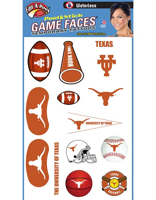 Fan-A-Peel Texas Longhorns Waterless Peel & Stick Temporary Tattoo Variety Pack – Hypoallergenic School Spirit Accessories - Great for Tailgates and