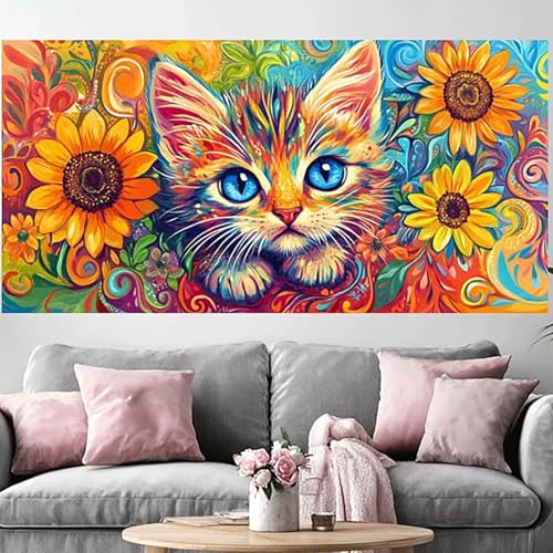 DIY peinture diamant tournesol 5D kit complet grand format 50x150cm modèle chat